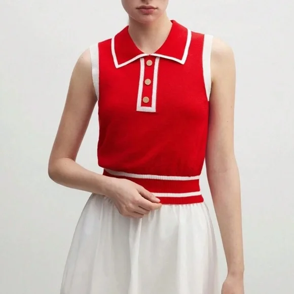 Red Sleeveless Knit Top with White Trim - Picture 2 of 4
